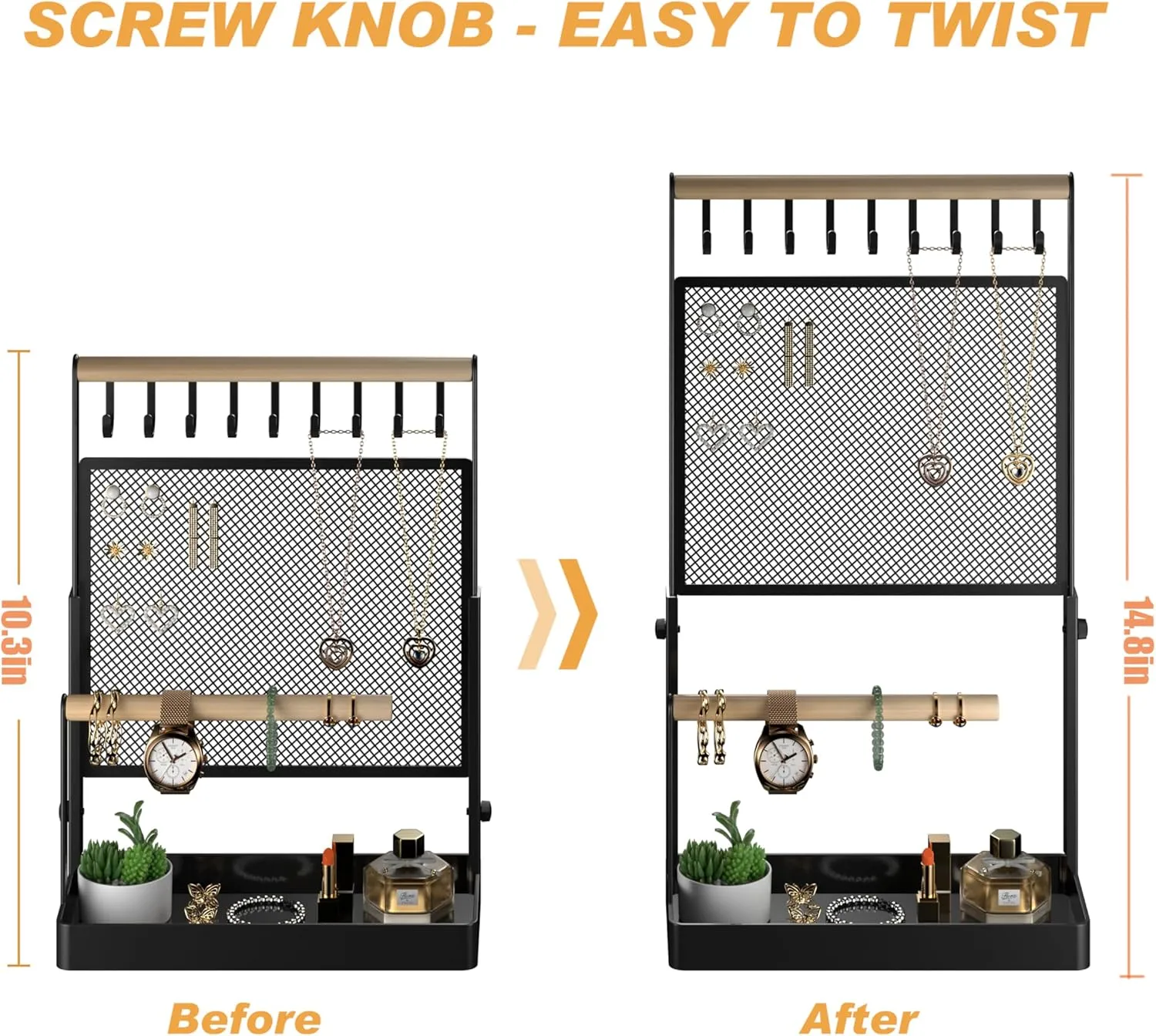 Handing Bar for Bracelets Watches unify Rings (Black) Jewelry Organizer Stand, Liftable Necklace Holder with Earring Organizer Net, 9 Hooks Necklaces Storage Wooden 