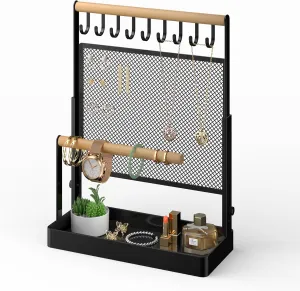 Handing Bar for Bracelets Watches unify Rings (Black) Jewelry Organizer Stand, Liftable Necklace Holder with Earring Organizer Net, 9 Hooks Necklaces Storage Wooden 