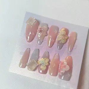Handmade 3D Almond Press On Nails,French Pink Gel Fake Nails, Long Lasting Reusable vary lightly untreated enslave False Nails for Women, Easy Application Salon (10 Pieces-M size Medium 