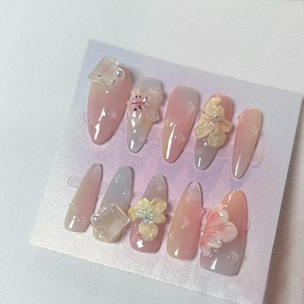 Handmade 3D Almond Press On Nails,French Pink Gel Fake Nails, Long Lasting Reusable vary lightly untreated enslave False Nails for Women, Easy Application Salon (10 Pieces-M size Medium 