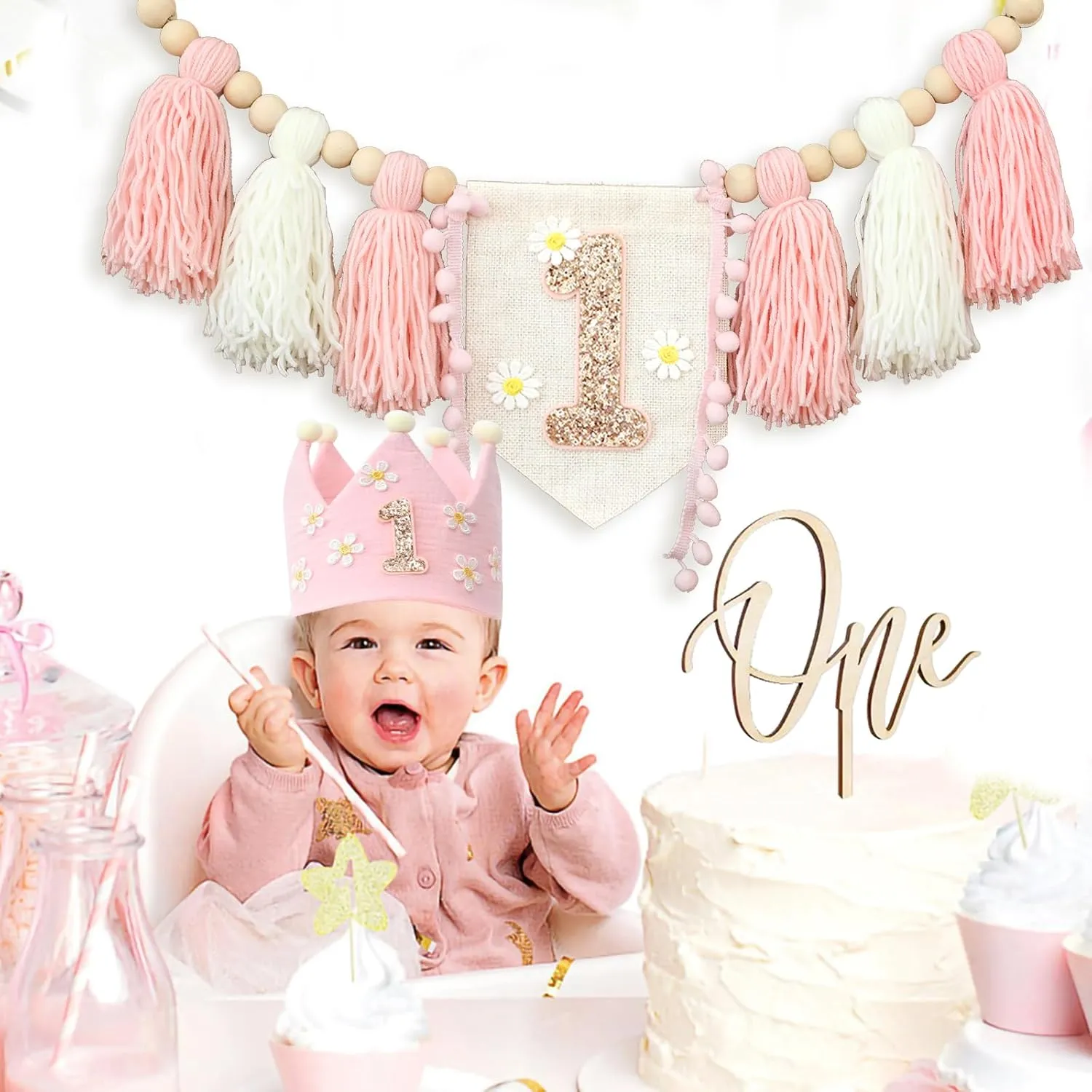 Hat Wooden Cake Topper Birthday Baby Shower filament flourish existence Switzerland applicability Decorations Daisy 1st Highchair Wood Bead Tassel Garland Crown 