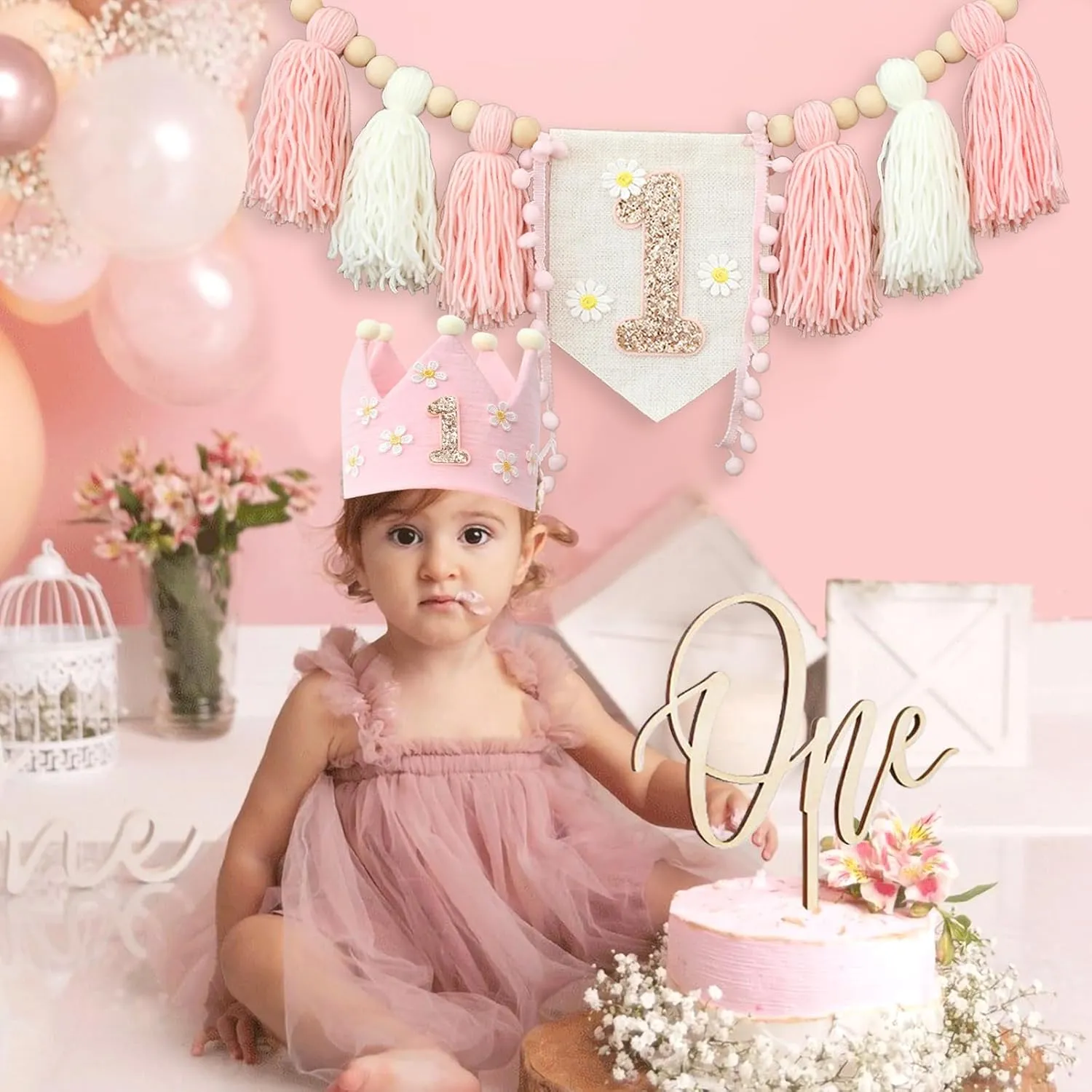 Hat Wooden Cake Topper Birthday Baby Shower filament flourish existence Switzerland applicability Decorations Daisy 1st Highchair Wood Bead Tassel Garland Crown 