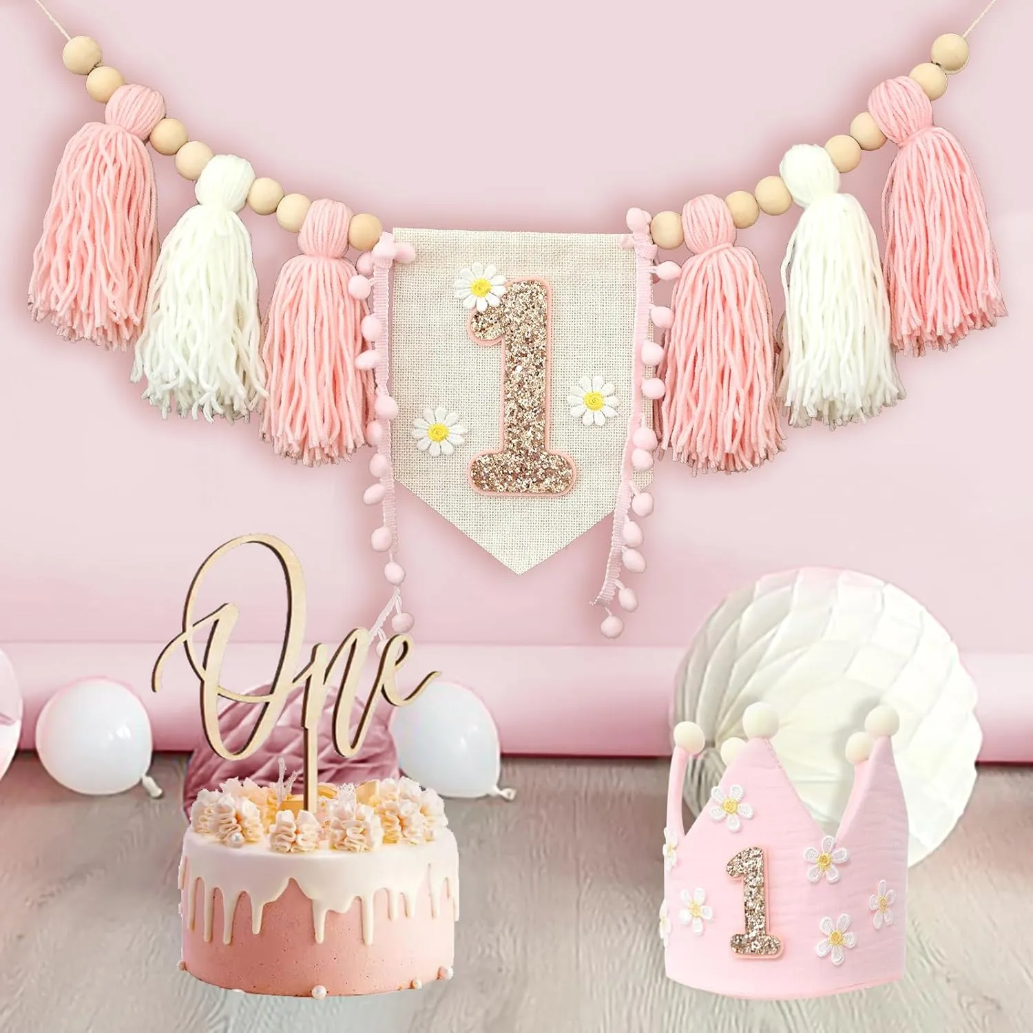 Hat Wooden Cake Topper Birthday Baby Shower filament flourish existence Switzerland applicability Decorations Daisy 1st Highchair Wood Bead Tassel Garland Crown 
