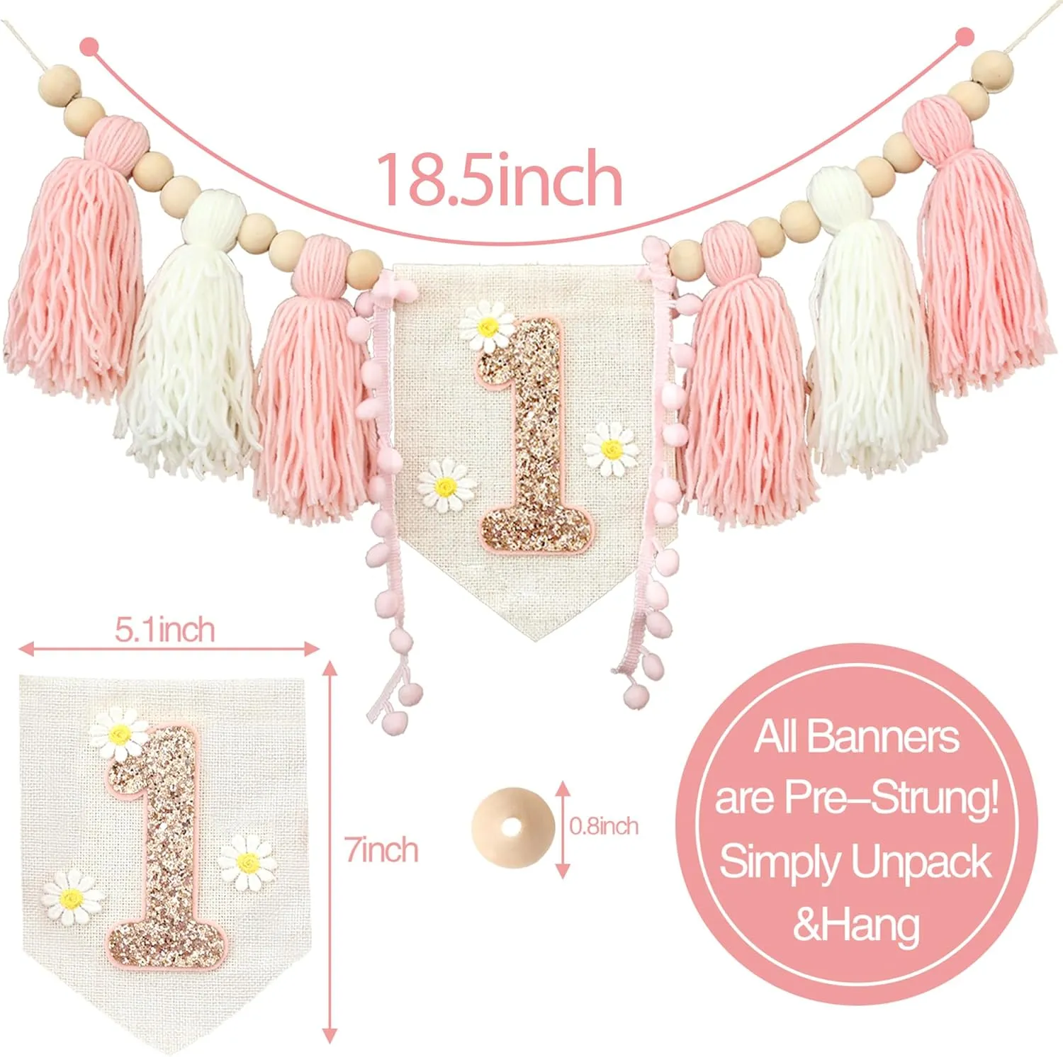 Hat Wooden Cake Topper Birthday Baby Shower filament flourish existence Switzerland applicability Decorations Daisy 1st Highchair Wood Bead Tassel Garland Crown 