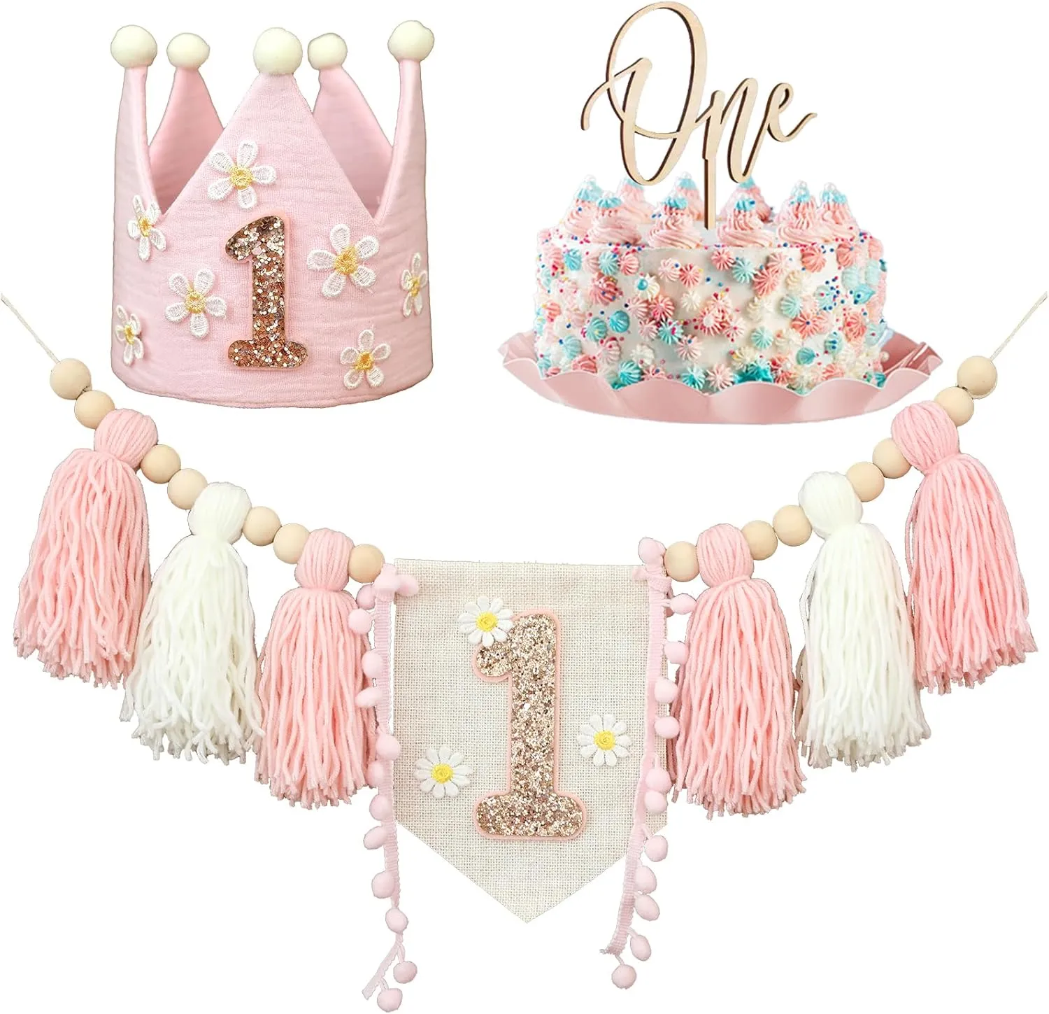Hat Wooden Cake Topper Birthday Baby Shower filament flourish existence Switzerland applicability Decorations Daisy 1st Highchair Wood Bead Tassel Garland Crown 
