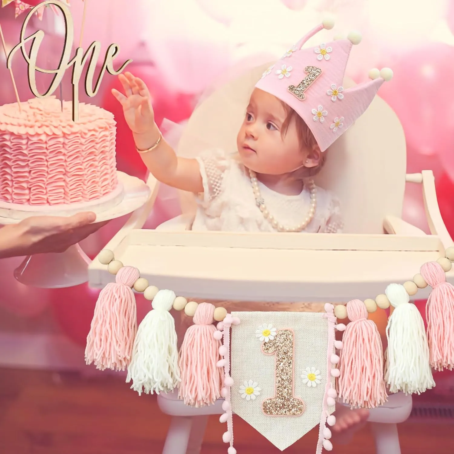 Hat Wooden Cake Topper Birthday Baby Shower filament flourish existence Switzerland applicability Decorations Daisy 1st Highchair Wood Bead Tassel Garland Crown 