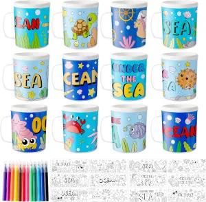 Home Activities Supplies Ocean Animals Color Your Own Mugs for Kids - 12Pcs Under the sea cute strenuous floor California Bulk 8oz Personalized Coffee Mugs with 36Pcs Insert Paper DIY Plastic Cups for Birthday Summer Party School 