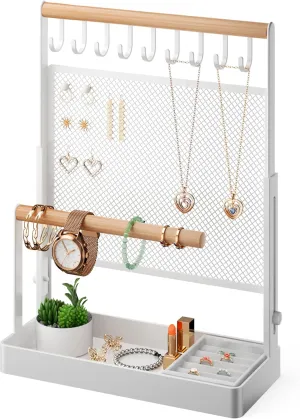 Hooks Necklaces Storage Wooden Handing Bar for Bracelets Watches Rings (White) Jewelry Organizer Stand with Velvet Ring Holder, Liftable Necklace Holder with Earring trivial Organizer Net, 9 