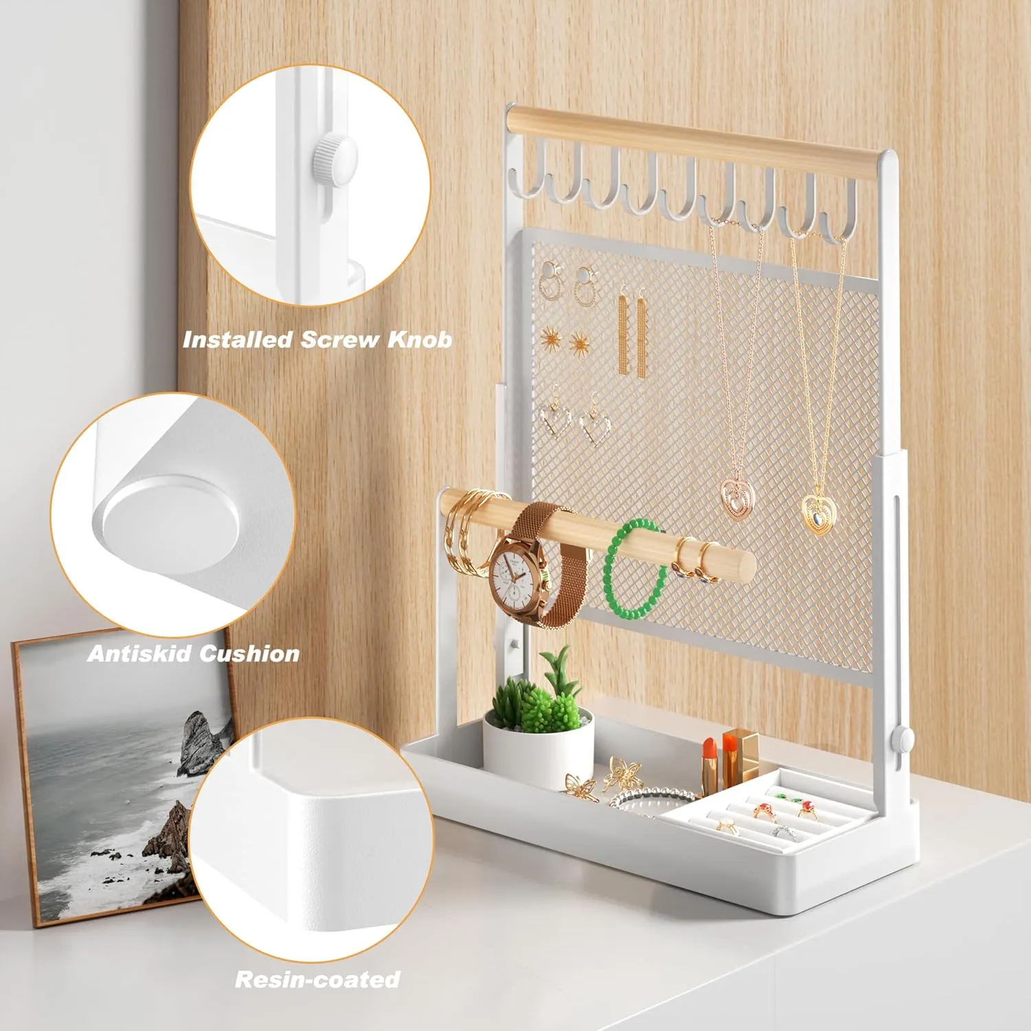 Hooks Necklaces Storage Wooden Handing Bar for Bracelets Watches Rings (White) Jewelry Organizer Stand with Velvet Ring Holder, Liftable Necklace Holder with Earring trivial Organizer Net, 9 