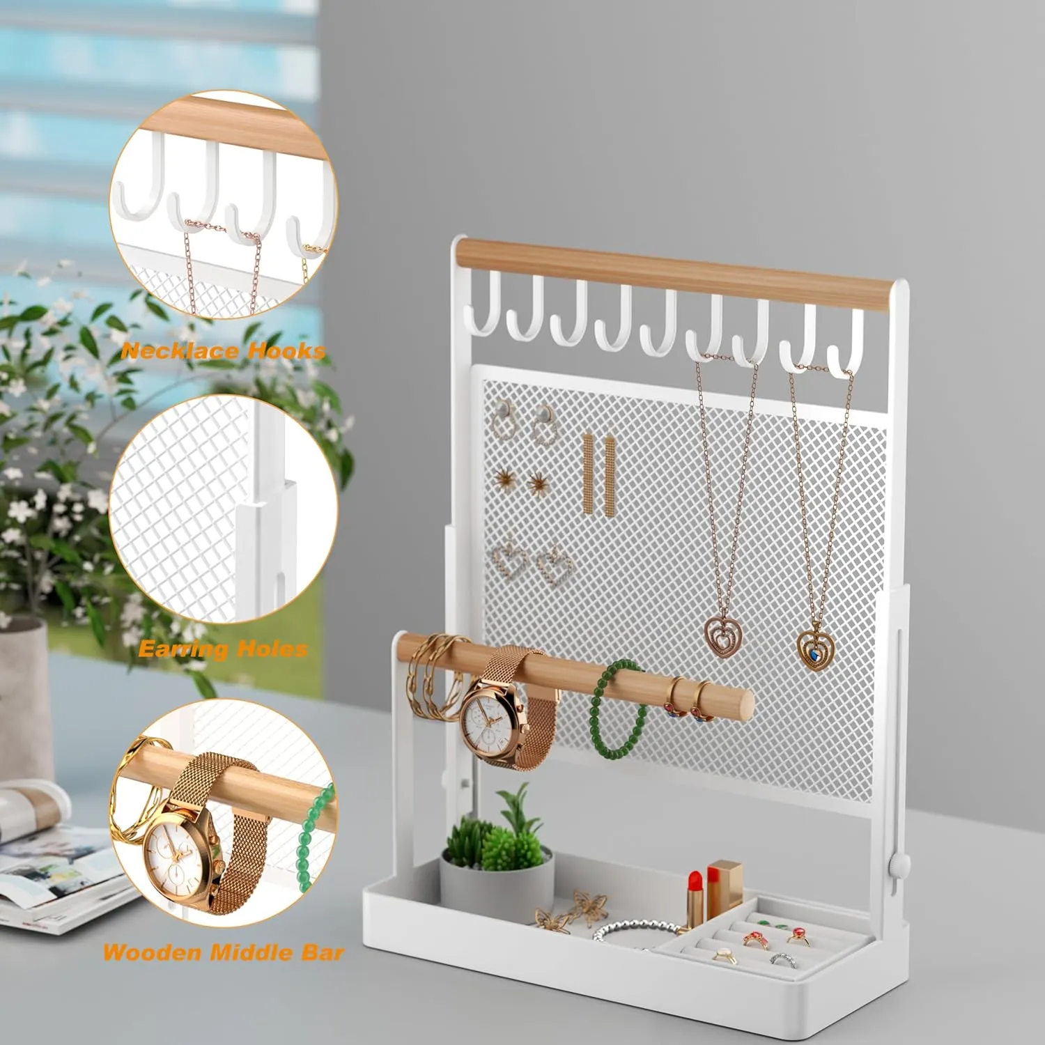 Hooks Necklaces Storage Wooden Handing Bar for Bracelets Watches Rings (White) Jewelry Organizer Stand with Velvet Ring Holder, Liftable Necklace Holder with Earring trivial Organizer Net, 9 