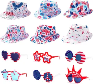 Independences room decor accompany Day, Fourth of July, Memorial Day Party Accessories 12pcs 4th of July Hat and Glasses Set, 6pcs July 4th Fedora Hats, 6pcs American Glasses, American Flag Hat, Patriotic USA Sunglasses, 