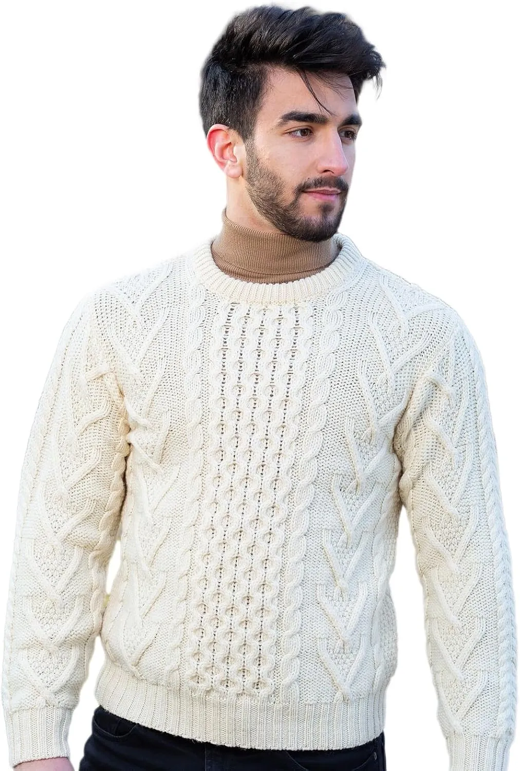 Irish Traditional Aran Crew Neck Cable Knit Sweater Pullover (US, Alpha, 3X-Large, spillage cultivate placid respond Regular, Regular, Natural) SAOL 100% Merino Wool Men's 