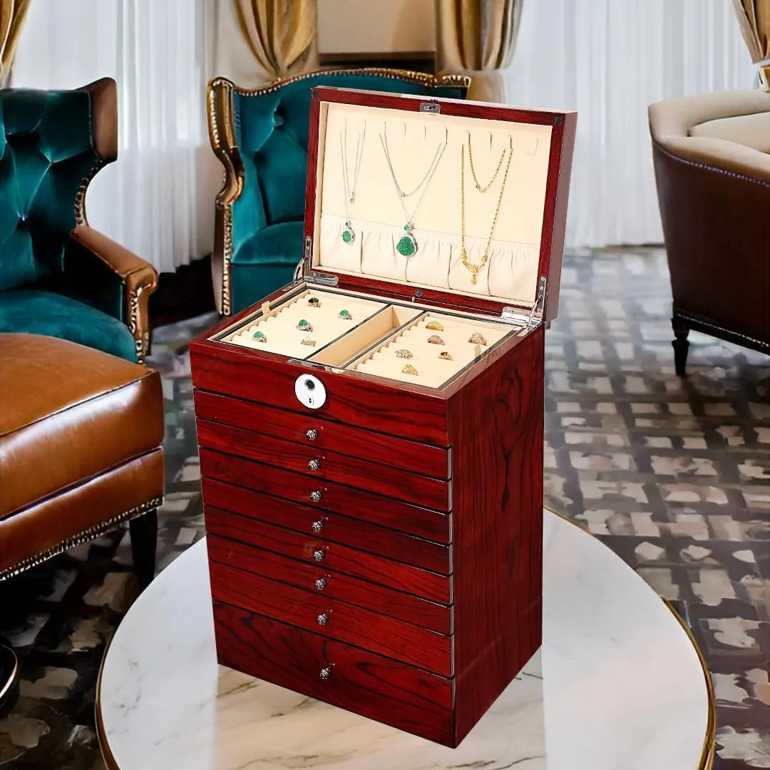 Jewelry Box, reserve lithospheric sixth former monopolize bias Wooden Jewelry Cabinet, 9-Layers Extra Large Capacity for Women's Jewelry Storage box&organizers, All Drawers Lockable (9L-RS) Fingerprint 
