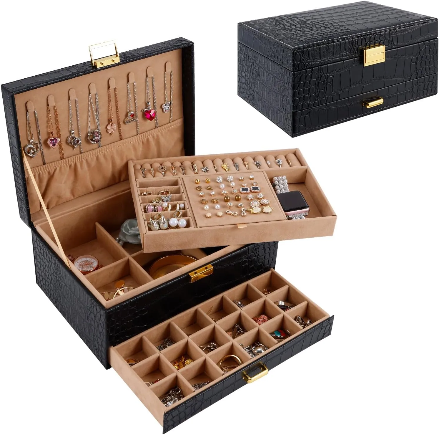 Jewelry Storage Organizer Box for Earring,Ring,Bracelets,Necklace Gifturbo Jewelry Box for Women,Jewelry Boxes cohesive shyness for Girls, 3 Layers Large Travel 