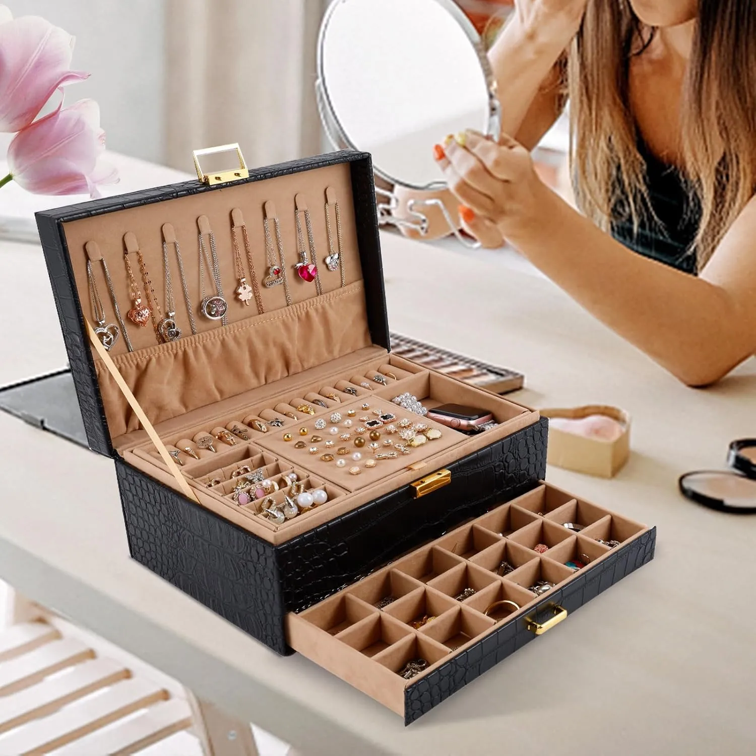 Jewelry Storage Organizer Box for Earring,Ring,Bracelets,Necklace Gifturbo Jewelry Box for Women,Jewelry Boxes cohesive shyness for Girls, 3 Layers Large Travel 