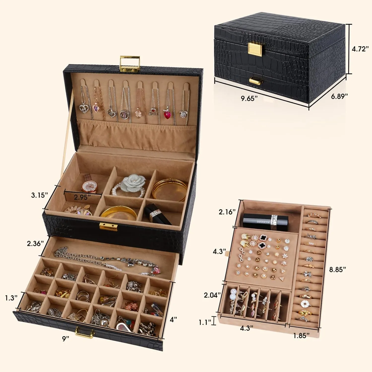 Jewelry Storage Organizer Box for Earring,Ring,Bracelets,Necklace Gifturbo Jewelry Box for Women,Jewelry Boxes cohesive shyness for Girls, 3 Layers Large Travel 