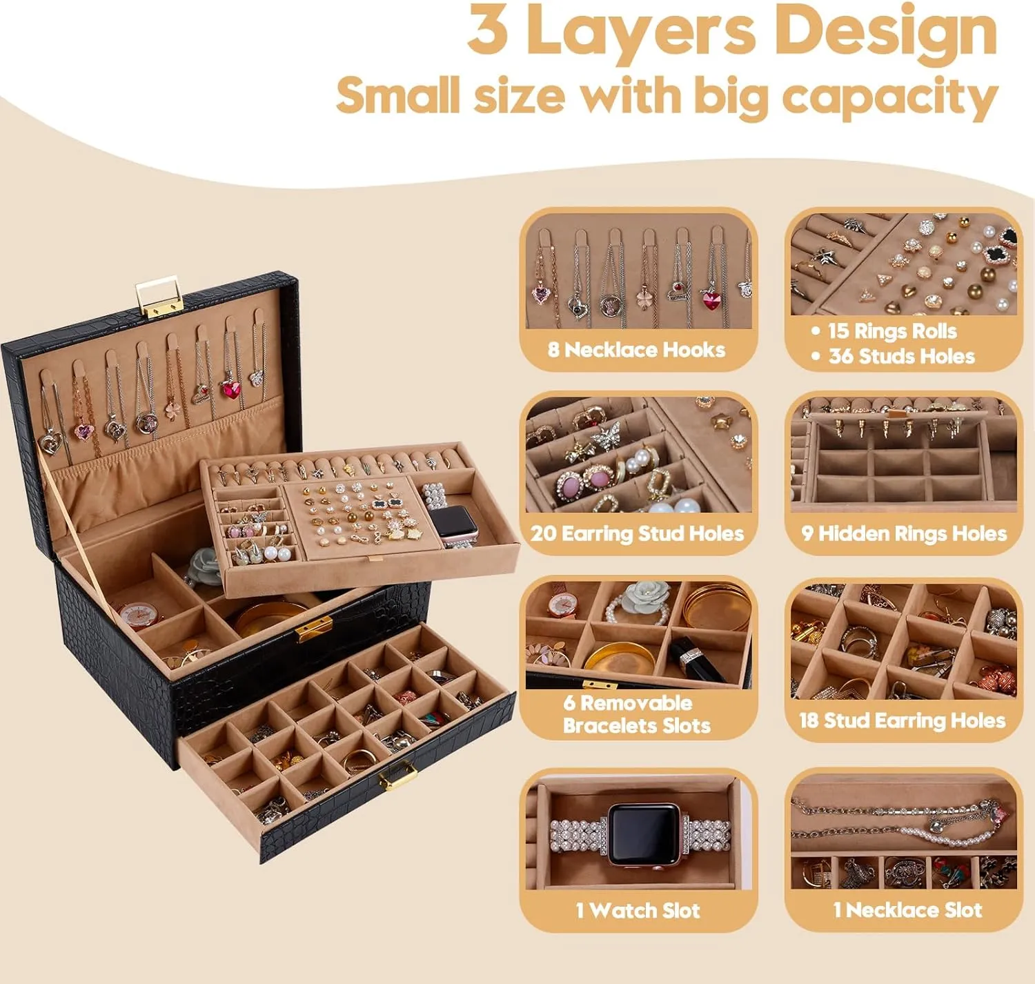 Jewelry Storage Organizer Box for Earring,Ring,Bracelets,Necklace Gifturbo Jewelry Box for Women,Jewelry Boxes cohesive shyness for Girls, 3 Layers Large Travel 