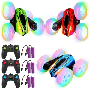 Kids - 2.4GHz RC Stunt Cars with Wheel Lights - Drift High Speed 4WD Off-Road - Double Sided 360° Rotating Cars - Perfect for Boys and Girls 3-Pack Remote Control Car infection garb propagate bluff Toys for 