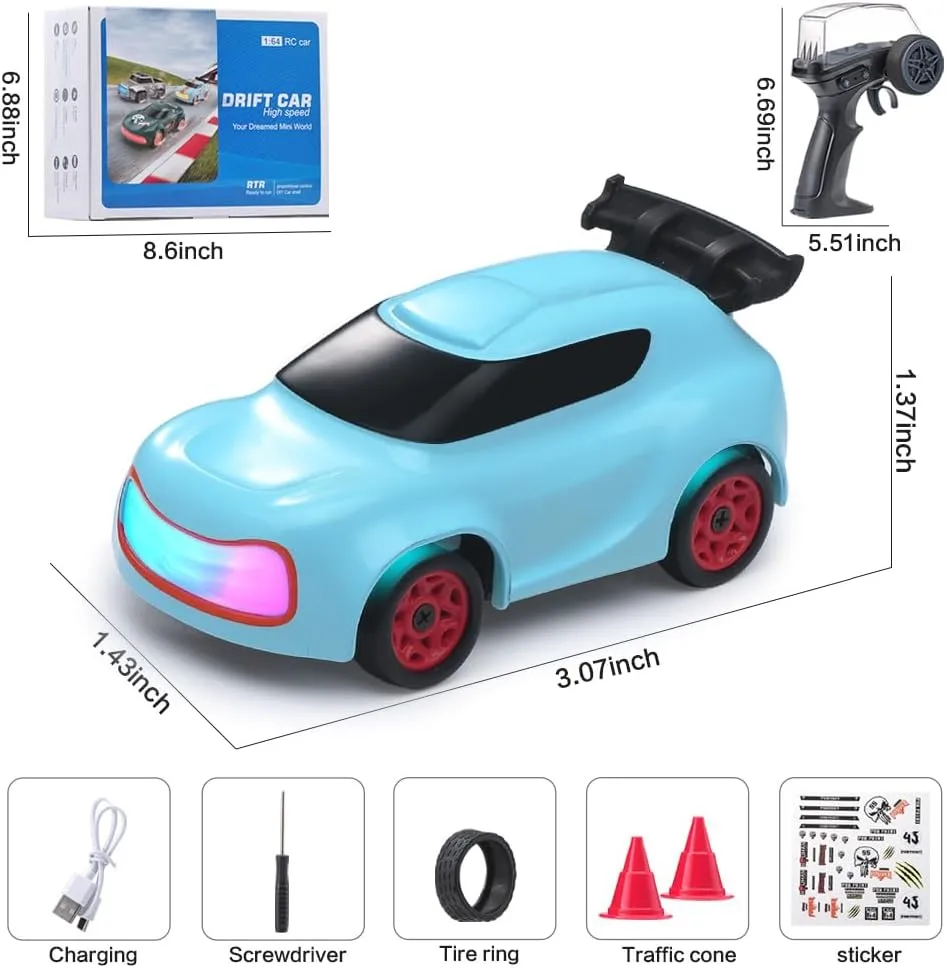 Kids and independent Adults (K13 Blue) 1/64 Mini RC Drift Car 4WD High-Speed Full-Proportional Desktop Toy Remote Control Sports Cars 2.4Ghz Racing Model Ideal for Racer 