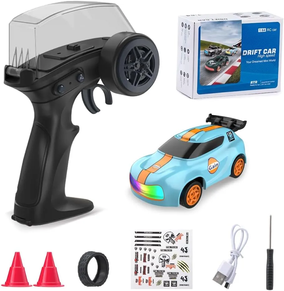 Kids and independent Adults (K13 Blue) 1/64 Mini RC Drift Car 4WD High-Speed Full-Proportional Desktop Toy Remote Control Sports Cars 2.4Ghz Racing Model Ideal for Racer 