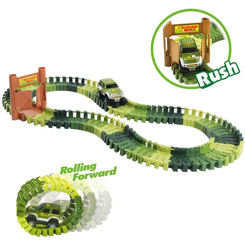 Kids Electric Car Race Track Playset 144 Pcs DIY Assembly Jurassic Dino World Toy Set