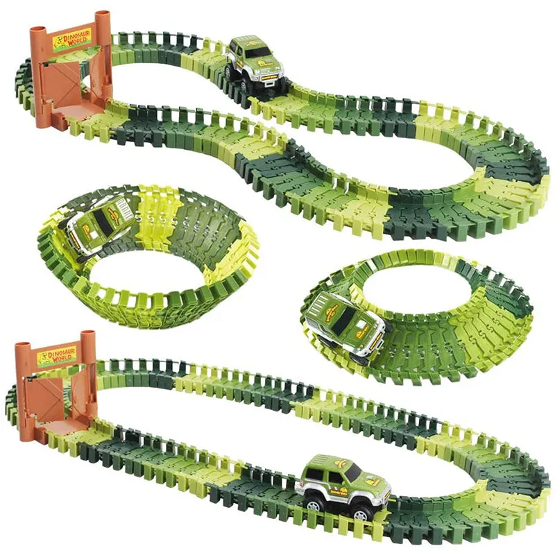 Kids Electric Car Race Track Playset 144 Pcs DIY Assembly Jurassic Dino World Toy Set