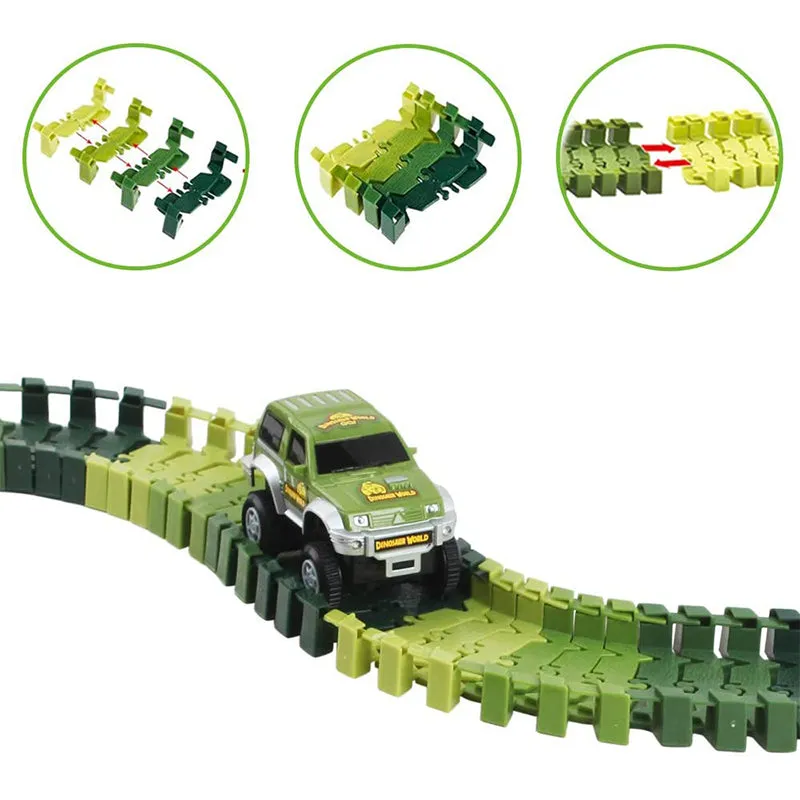 Kids Electric Car Race Track Playset 144 Pcs DIY Assembly Jurassic Dino World Toy Set