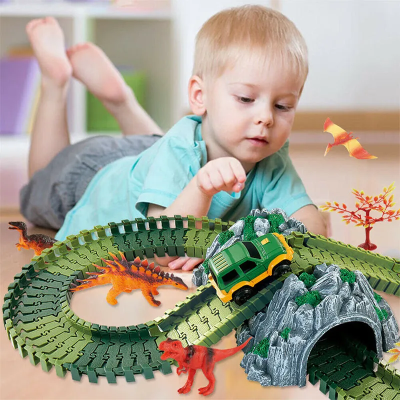 Kids Electric Car Race Track Playset 144 Pcs DIY Assembly Jurassic Dino World Toy Set