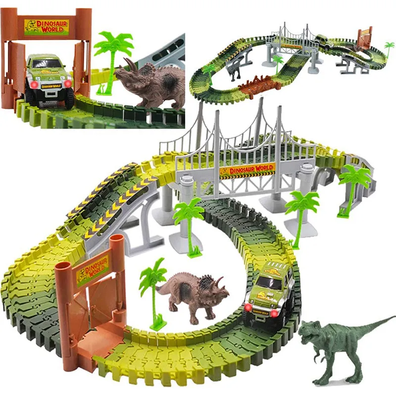 Kids Electric Car Race Track Playset 144 Pcs DIY Assembly Jurassic Dino World Toy Set