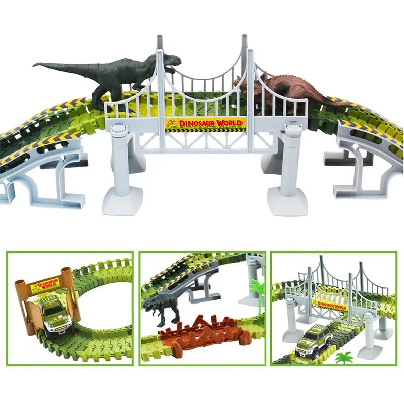 Kids Electric Car Race Track Playset 144 Pcs DIY Assembly Jurassic Dino World Toy Set