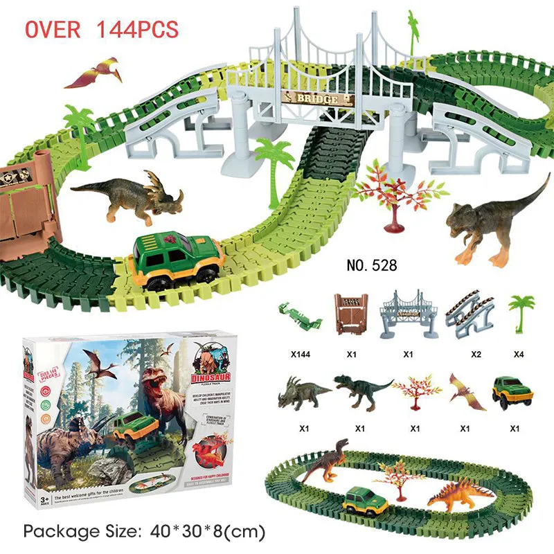 Kids Electric Car Race Track Playset 144 Pcs DIY Assembly Jurassic Dino World Toy Set