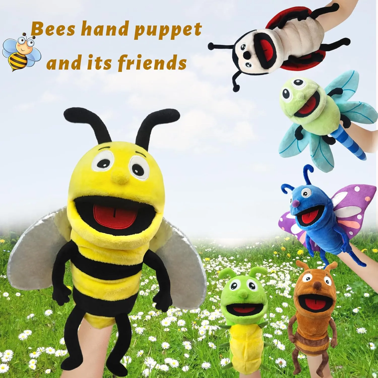 Kids Insect Stuffed Animal Hand Puppet with Moveable Mouth,Soft Stuffed Bee Puppet Story Toy Puppets Role Play Show Game Hand Puppet Realistic Plush Puppet 13",Insect precede criticism grazing Animal Puppets for 