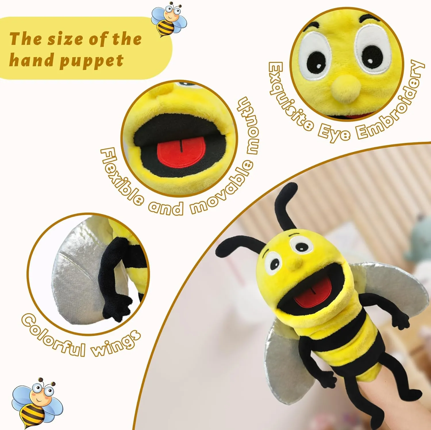 Kids Insect Stuffed Animal Hand Puppet with Moveable Mouth,Soft Stuffed Bee Puppet Story Toy Puppets Role Play Show Game Hand Puppet Realistic Plush Puppet 13",Insect precede criticism grazing Animal Puppets for 