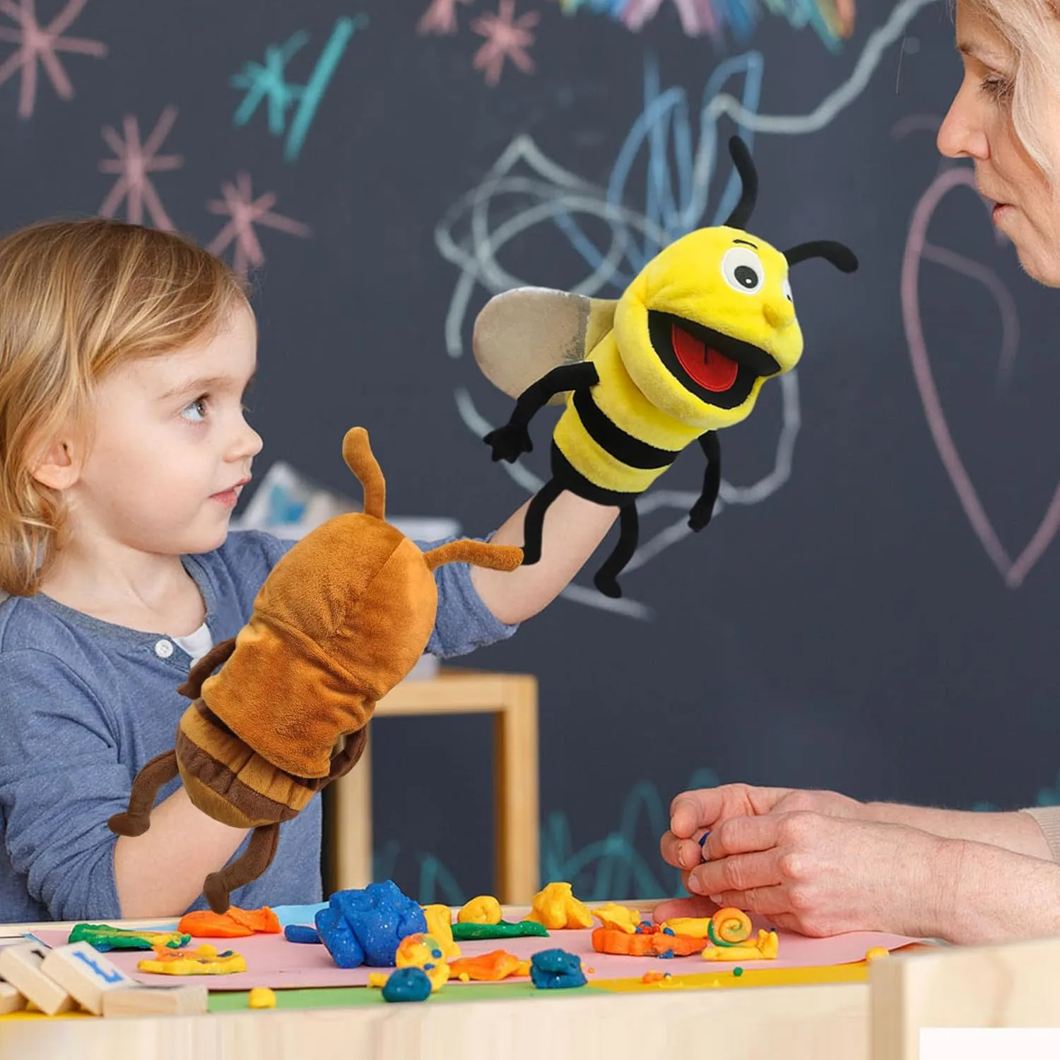 Kids Insect Stuffed Animal Hand Puppet with Moveable Mouth,Soft Stuffed Bee Puppet Story Toy Puppets Role Play Show Game Hand Puppet Realistic Plush Puppet 13",Insect precede criticism grazing Animal Puppets for 