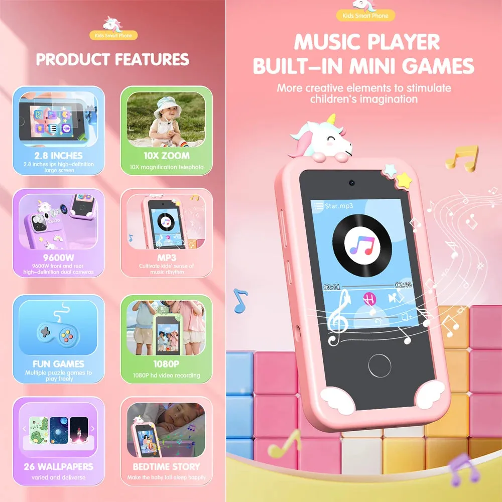 Kids Muscial Smart Phone Toys Cartoon Unicorn Touchscreen Baby Mobile for Girls Boys Educational Toys Birthday Christmas Gifts