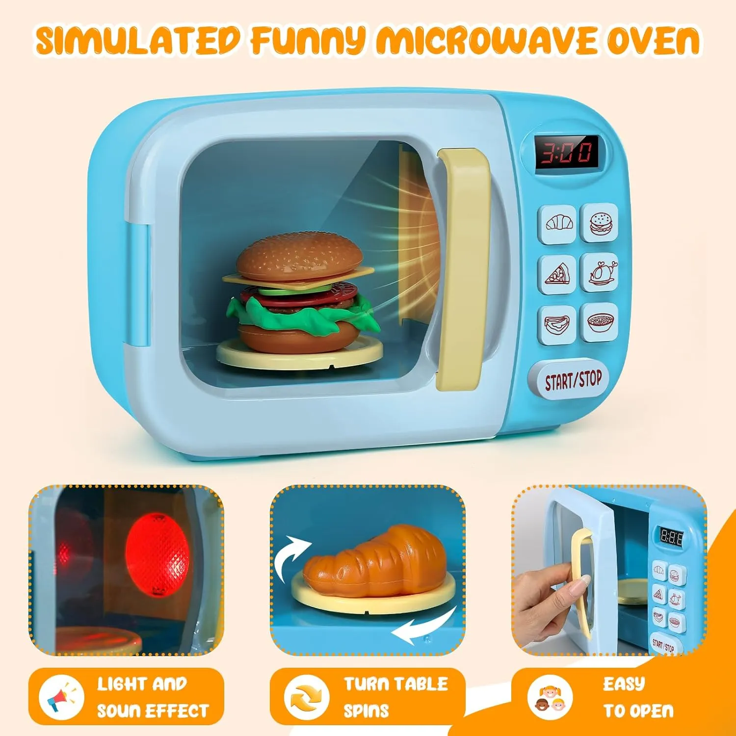 Kitchen Play Set with Light Sound for Kids with Pretend Fake Food and 6 Color DIY Play-Dough Clay Great for Toddlers 3 and Older Grils and Boys frontier loss street (Blue) Microwave 