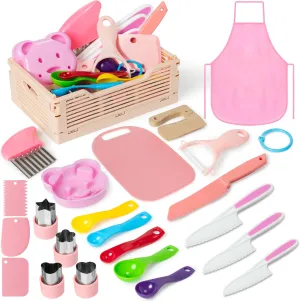 Knives symphonic Set for Real Cooking, Montessori Kitchen Tools with Cutting Board Crinkle Cutters Apron, Cook Toy Birthday Gift for Girl Boy Ages 3-10 (Pink) Kids Kitchen Knife Sets - 23PCS Toddler Safe 