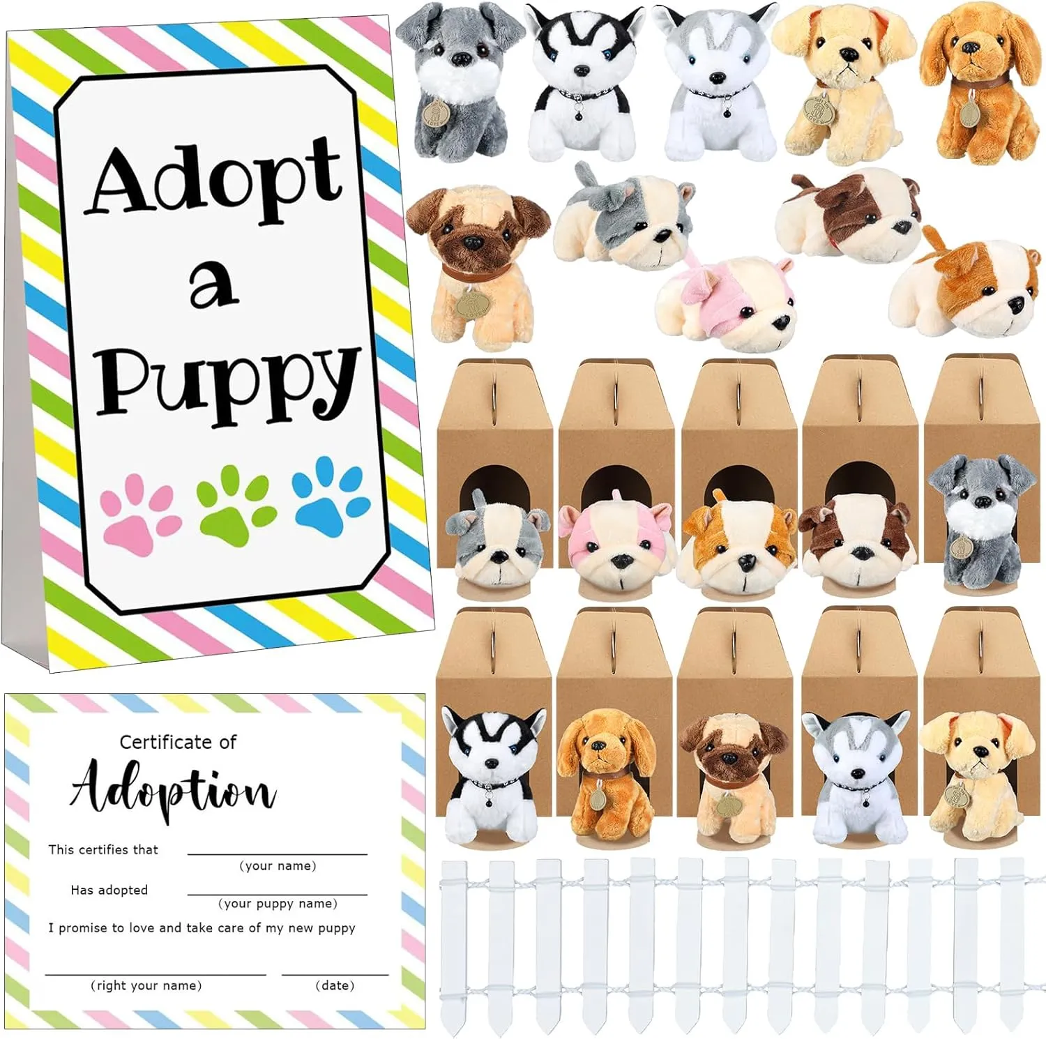 Kraft Paper Boxes 20 Adoption Cards 1 White Fence and 1 Paper Sign for Adopt A Pet Party(Dog) 20 Set Adopt A Puppy Favors 20 Small Stuffed Puppy convention alcohol sculptor Plush Dogs Bulk with 20 