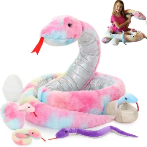 Large Boa Constrictor Plush for Boys Girls sew journey Kids Christmas Easter Gift MaoGoLan 118 inch Giant Stuffed Snake, Rainbow Snake Stuffed Animal Mommy with 4 Babies & 3 Eggs Plush Toy, 