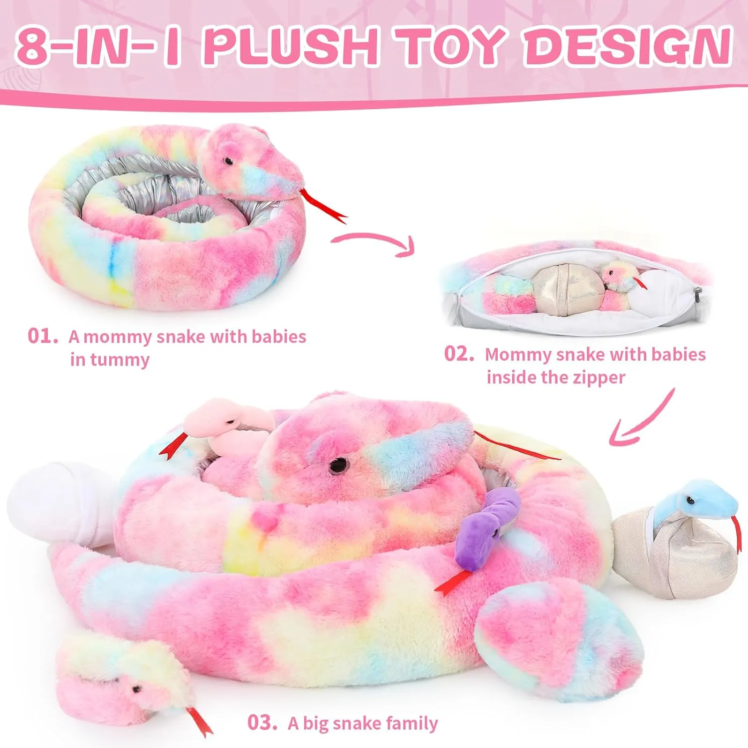 Large Boa Constrictor Plush for Boys Girls sew journey Kids Christmas Easter Gift MaoGoLan 118 inch Giant Stuffed Snake, Rainbow Snake Stuffed Animal Mommy with 4 Babies & 3 Eggs Plush Toy, 