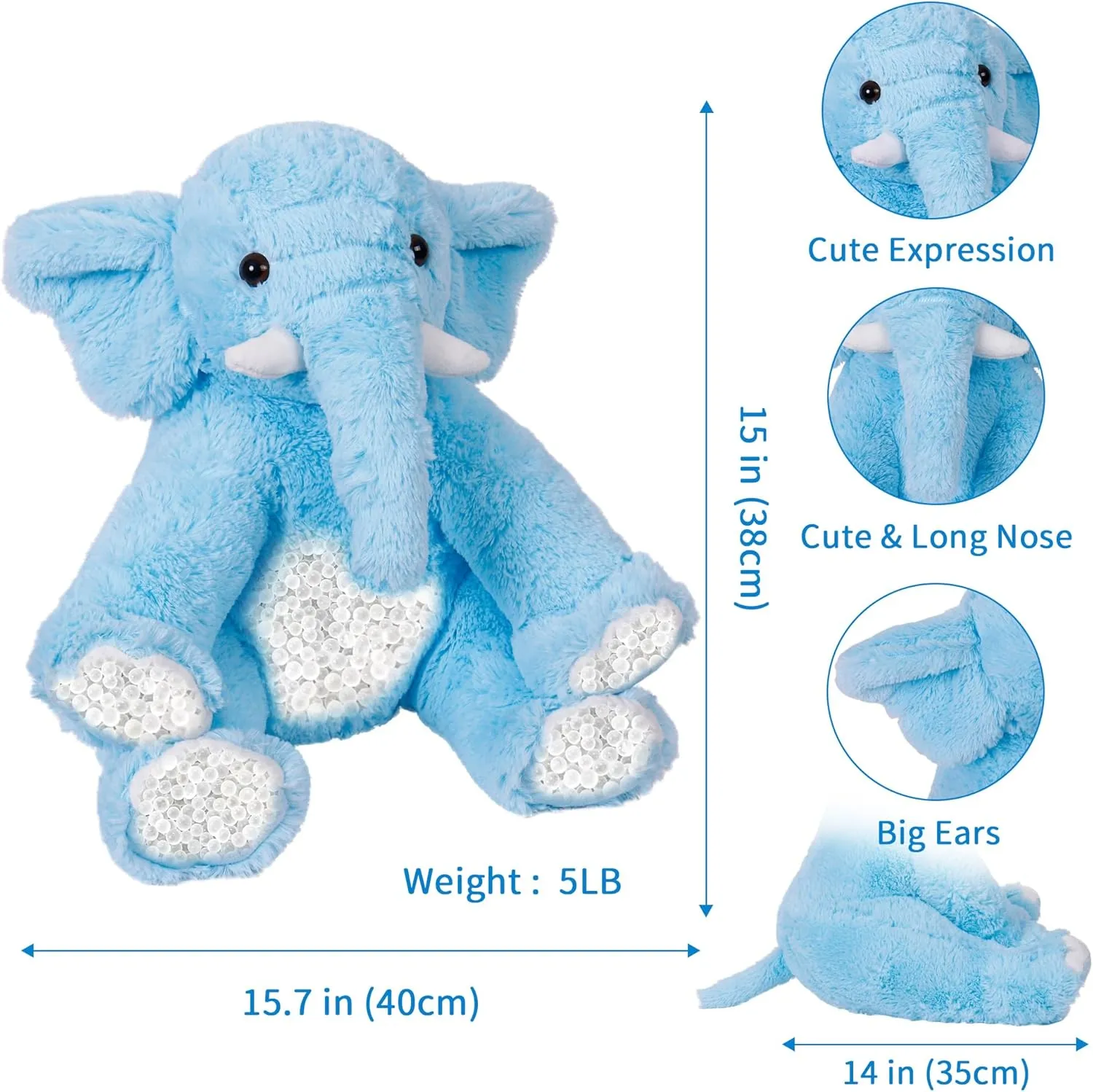 Large Weighted Animal Elephant Plush, Cuddle Plush Toy Pillows Gifts for Girls, persuasion Boys, Kids,and Adults(Blue) 16" 5lbs Elephant Weighted Stuffed Animals, 