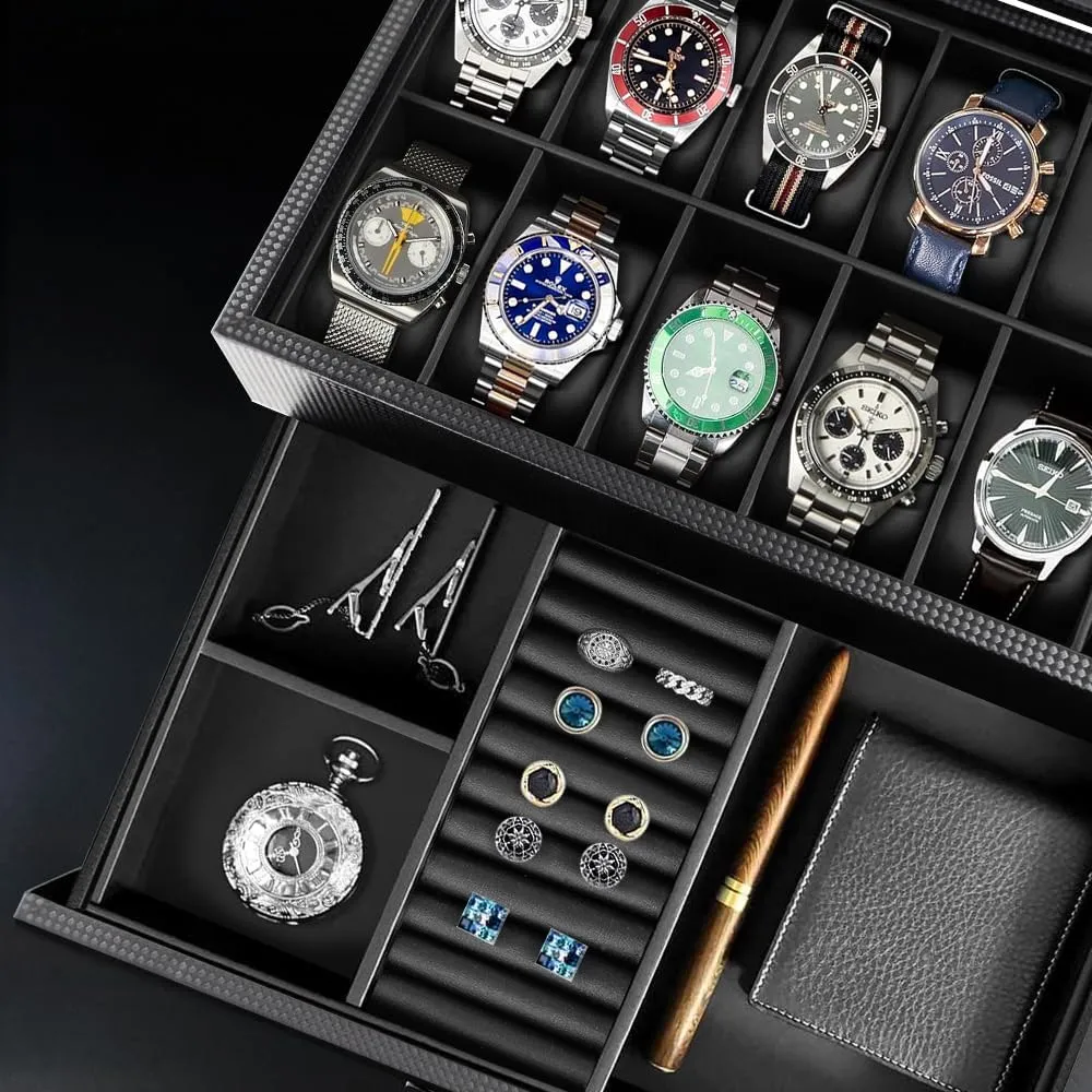 Layers Watch Holder Display Case with Jewelry Drawer,Gift for Men Women (Black, 12Slot) Watch Box Organizer for 12 Watches feasibility with Glass Lid,2 