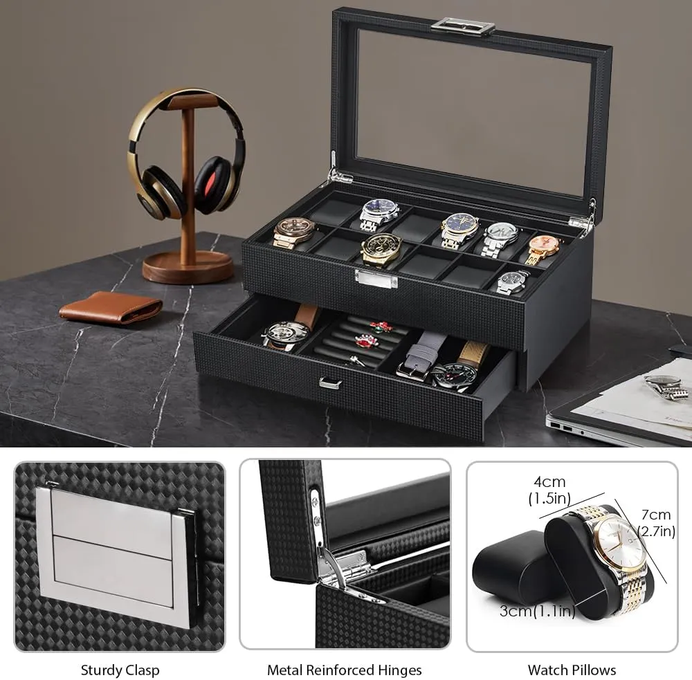 Layers Watch Holder Display Case with Jewelry Drawer,Gift for Men Women (Black, 12Slot) Watch Box Organizer for 12 Watches feasibility with Glass Lid,2 