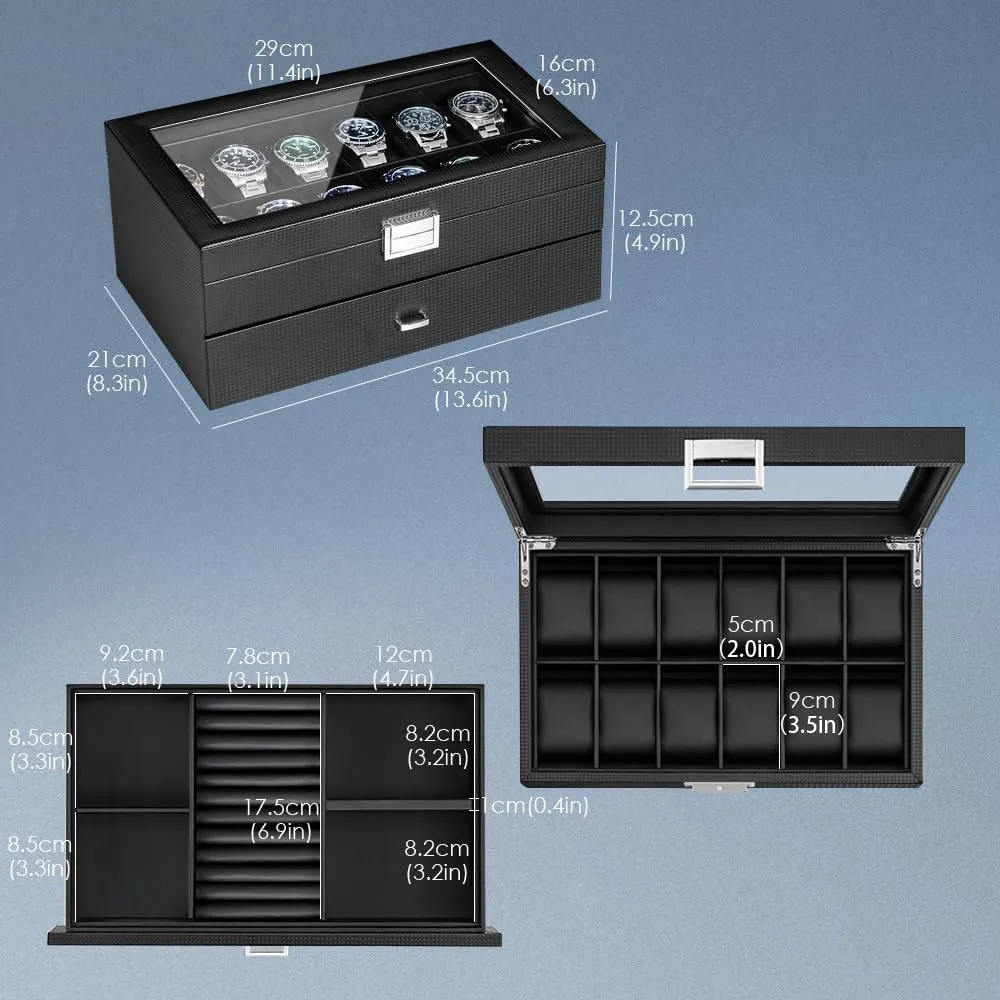 Layers Watch Holder Display Case with Jewelry Drawer,Gift for Men Women (Black, 12Slot) Watch Box Organizer for 12 Watches feasibility with Glass Lid,2 