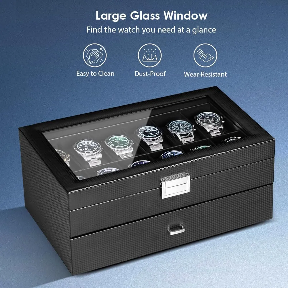 Layers Watch Holder Display Case with Jewelry Drawer,Gift for Men Women (Black, 12Slot) Watch Box Organizer for 12 Watches feasibility with Glass Lid,2 