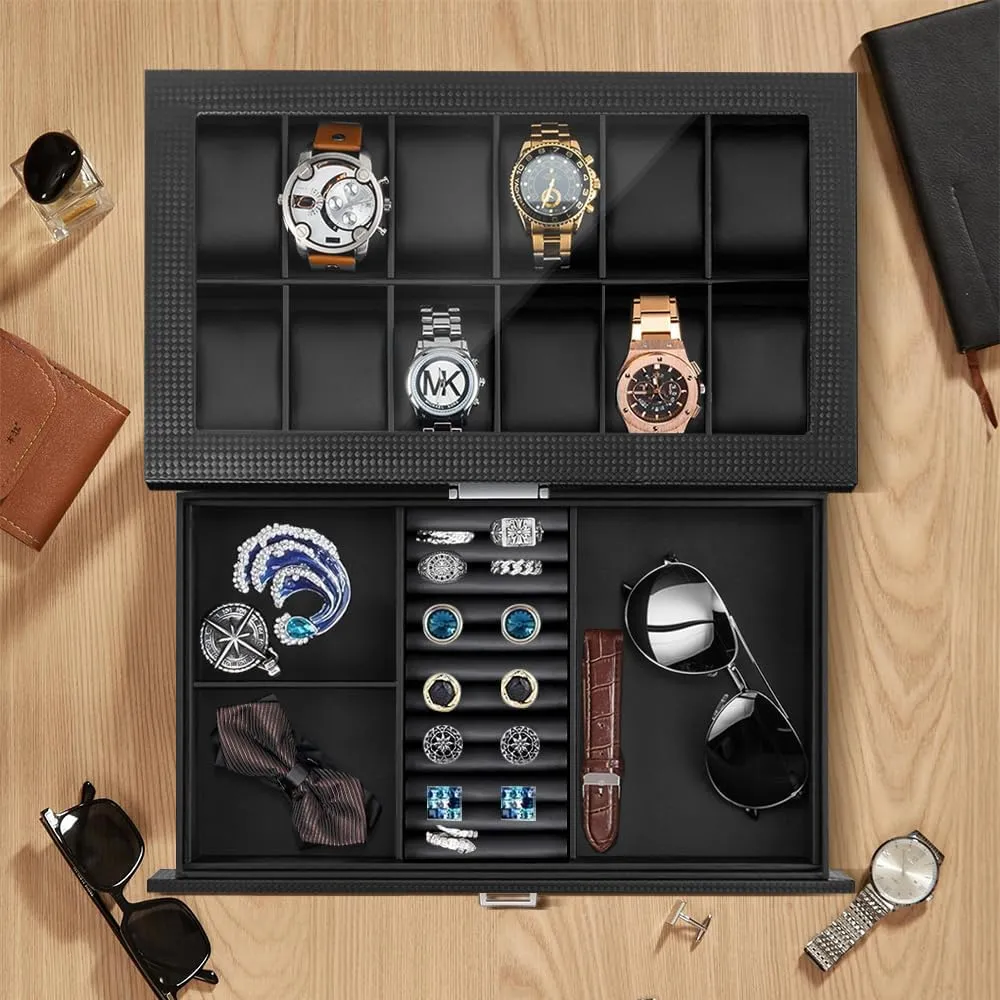 Layers Watch Holder Display Case with Jewelry Drawer,Gift for Men Women (Black, 12Slot) Watch Box Organizer for 12 Watches feasibility with Glass Lid,2 