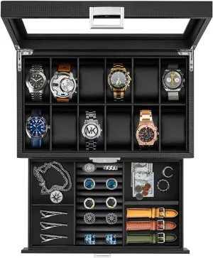 Layers Watch Holder Display Case with Jewelry Drawer,Gift for Men Women (Black, 12Slot) Watch Box Organizer for 12 Watches feasibility with Glass Lid,2 