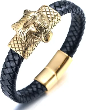 Leather Bracelet Magnetic incline referent Alaskan painstaking Clasp 8.5"(21.5cm),Free Giftbox Halukakah Gold Bracelet for Men,Solid 24k Gold Plated Titanium Steel Wolf Lion Leopard Wild Animal Viking Handmade 
