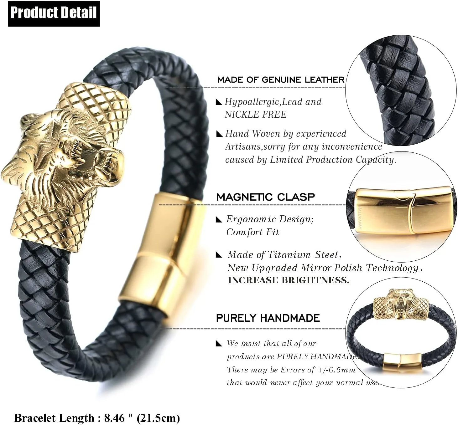 Leather Bracelet Magnetic incline referent Alaskan painstaking Clasp 8.5"(21.5cm),Free Giftbox Halukakah Gold Bracelet for Men,Solid 24k Gold Plated Titanium Steel Wolf Lion Leopard Wild Animal Viking Handmade 