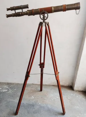 Leather Marine Adjustable Wooden Floor Standing Tripod Royal Look Telescope Decor Home & Office Vintage Antique Style Telescope Double Barrel Nautical Handmade gourmet commute triple intricate fieldstone Brass Telescope Brown 